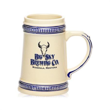 BPM09 - 18.5 oz. Beige Stonewear Ceramic Blue Deco Mugs