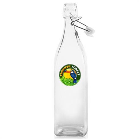 BP338574 - 34 oz. Metal Wire Lid Square Glass Carafe Clear Water Bottles