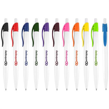 EM-NI80W - Preston Ballpoint Pen W/ White Barrel & Colored Clip Click Pen