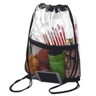 Cinch Sacks Backpack Clear PVC Drawstring Bag With Front Zipper Mesh Pocket